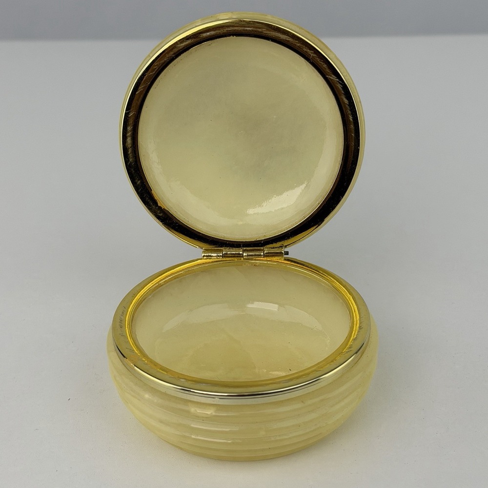 Vintage Italian Alabaster Trinket Box Hand Carved Floral Hinged Round 3" - Picture 3 of 8